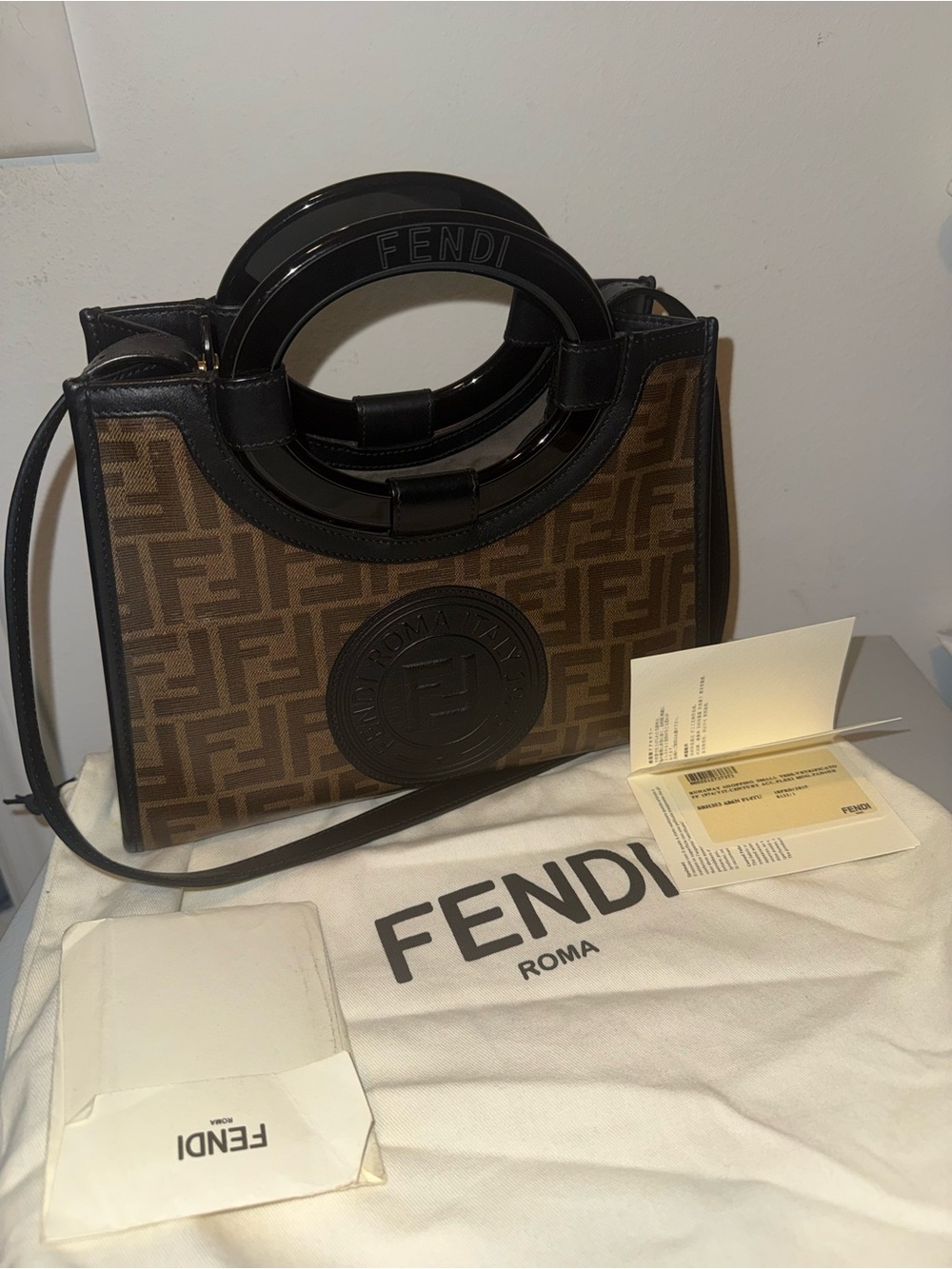 Fendi Brown FF Logo Satchel with Black Leather Handles